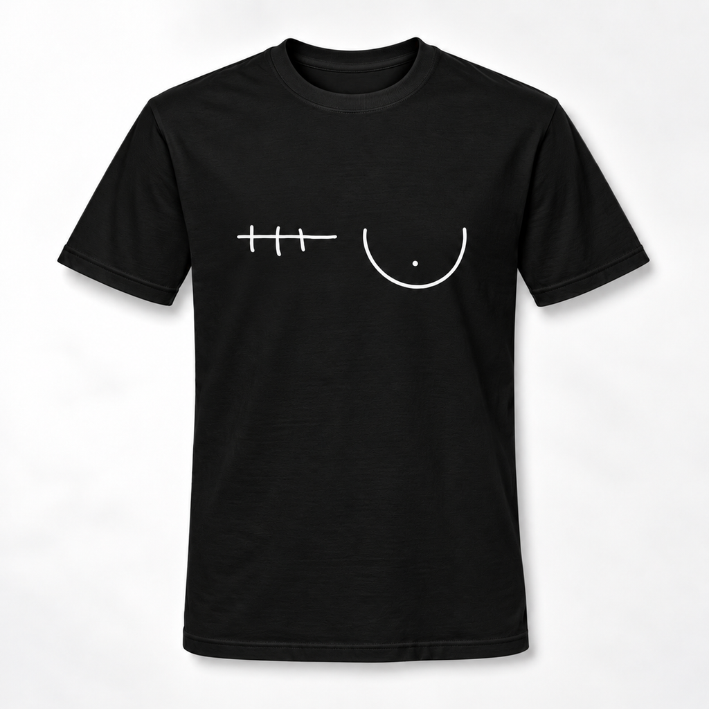 A black short-sleeve crewneck t-shirt with a minimalist white graphic on the chest depicting a breast and a right mastectomy scar.
