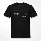 A black short-sleeve crewneck t-shirt with a minimalist white graphic on the chest depicting a breast and a right mastectomy scar.