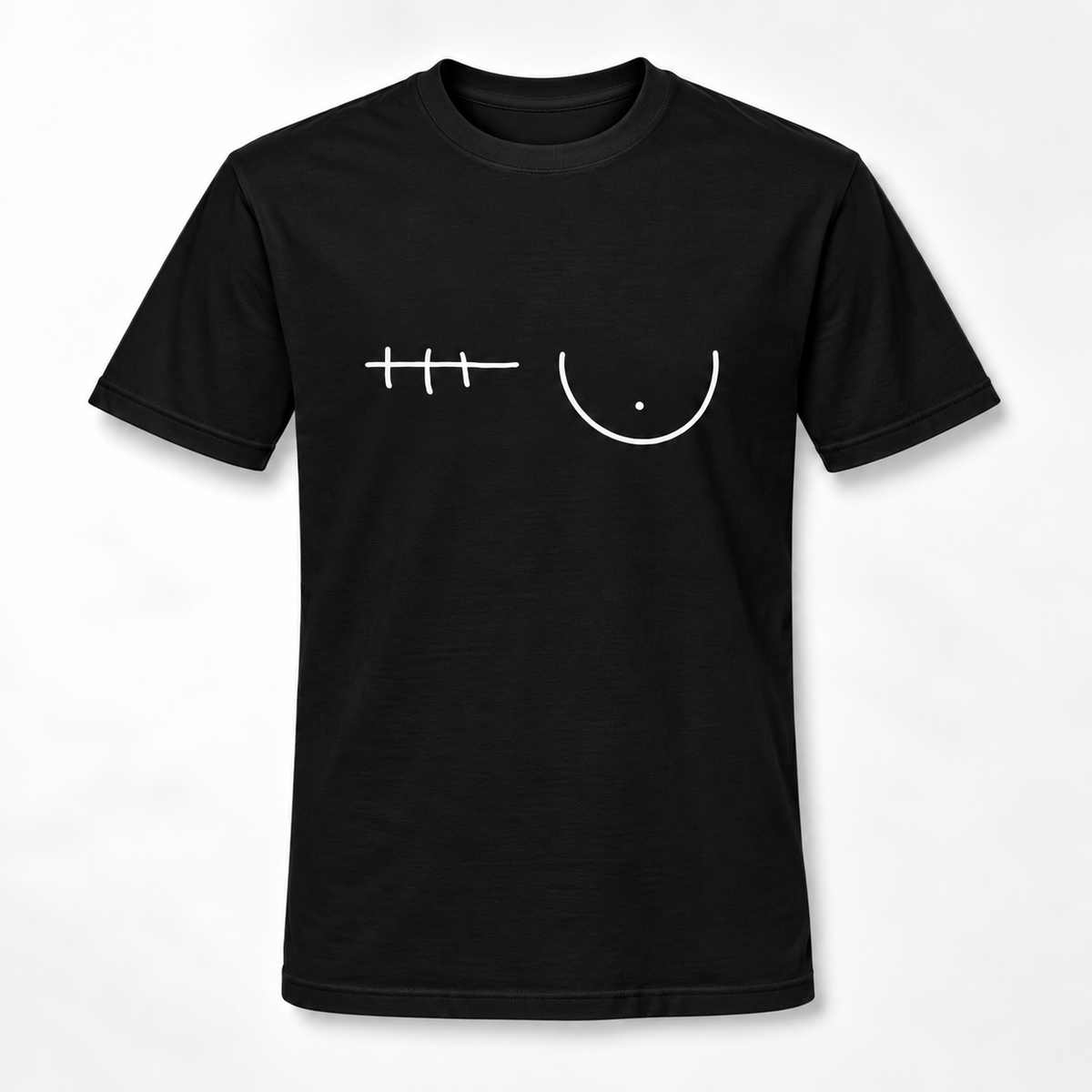 A black short-sleeve crewneck t-shirt with a minimalist white graphic on the chest depicting a breast and a right mastectomy scar.