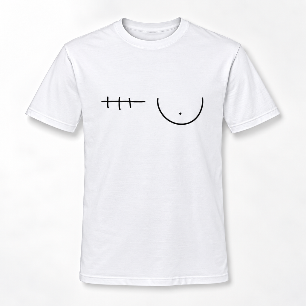 A white short-sleeve crewneck t-shirt featuring a minimalist black graphic print on the chest of one breast and a right mastectomy scar.