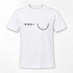 A white short-sleeve crewneck t-shirt featuring a minimalist black graphic print on the chest of one breast and a right mastectomy scar.