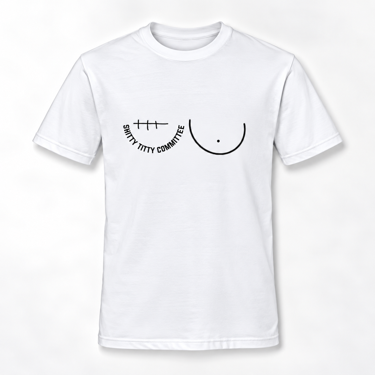 A white short-sleeve crewneck t-shirt with a black graphic on the chest depicting right mastectomy scar and a breast accompanied by the text 'SHITTY TITTY COMMITTEE'.