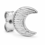 Close up of a silver crescent moon earring