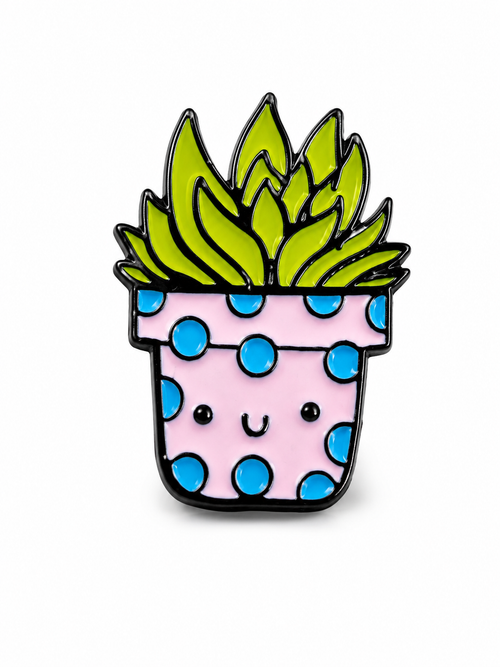 Cactus Enamel Pin with pink pot with blue spots and a smiling face