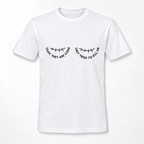 A white short-sleeve crewneck t-shirt with a black graphic of a double mastectomy scar and the text 'YEAH THEY ARE GONE' and 'THEY TRIED TO KILL ME' printed on the chest.