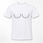 A white short-sleeve crewneck t-shirt featuring a minimalist black line art graphic of two bare breasts on the chest, displayed against a clean white background.