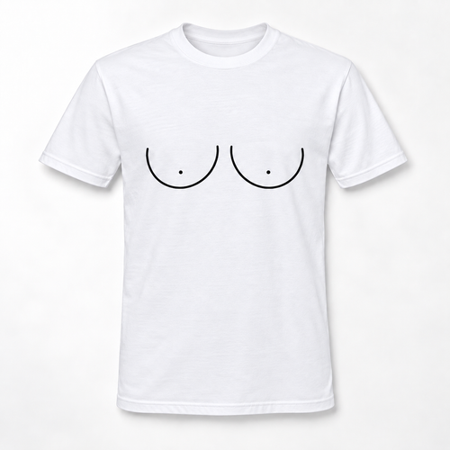 A white short-sleeve crewneck t-shirt featuring a minimalist black line art graphic of two bare breasts on the chest, displayed against a clean white background.