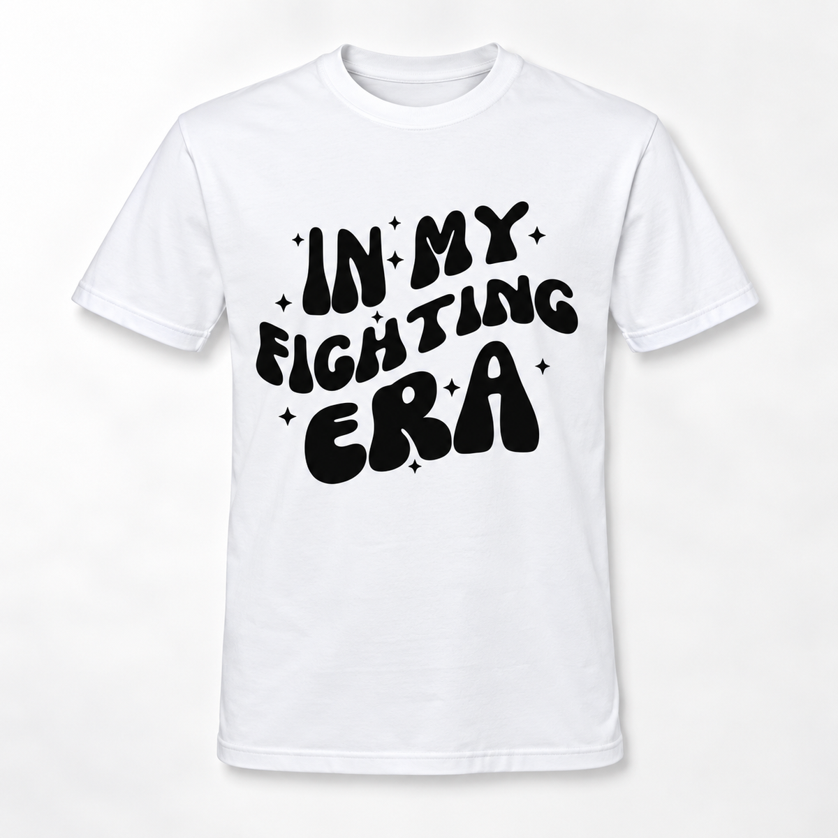 A white short-sleeve crewneck t-shirt with a bold black graphic text reading 'IN MY FIGHTING ERA' decorated with small star accents, displayed on a clean white background.