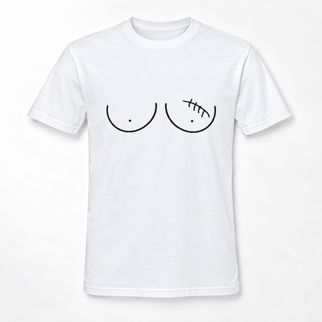 A white short-sleeve crewneck t-shirt featuring a minimalist black line art graphic of bare breasts on the chest, with one cup showing a stitched scar detail.