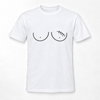 A white short-sleeve crewneck t-shirt featuring a minimalist black line art graphic of bare breasts on the chest, with one cup showing a stitched scar detail.