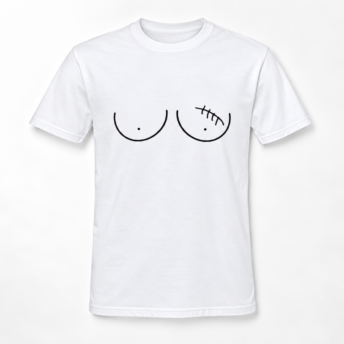 A white short-sleeve crewneck t-shirt featuring a minimalist black line art graphic of bare breasts on the chest, with one cup showing a stitched scar detail.