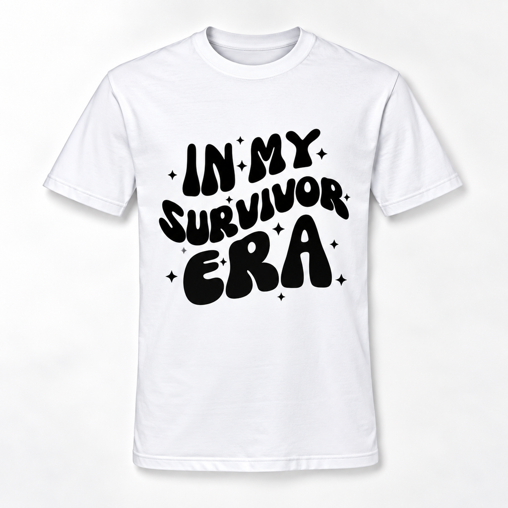 A white short-sleeve crewneck t-shirt with a black retro-style graphic text reading 'IN MY SURVIVOR ERA' surrounded by small star accents, displayed on a clean white background.