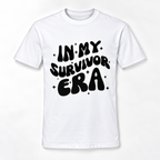 A white short-sleeve crewneck t-shirt with a black retro-style graphic text reading 'IN MY SURVIVOR ERA' surrounded by small star accents, displayed on a clean white background.