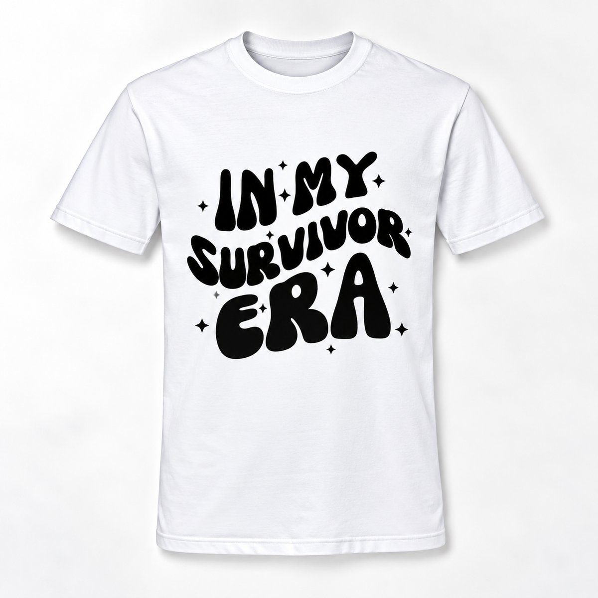 A white short-sleeve crewneck t-shirt with a black retro-style graphic text reading 'IN MY SURVIVOR ERA' surrounded by small star accents, displayed on a clean white background.