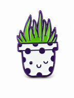 Cactus Enamel Pin with white pot, purple spots and purple edging, with a winking face